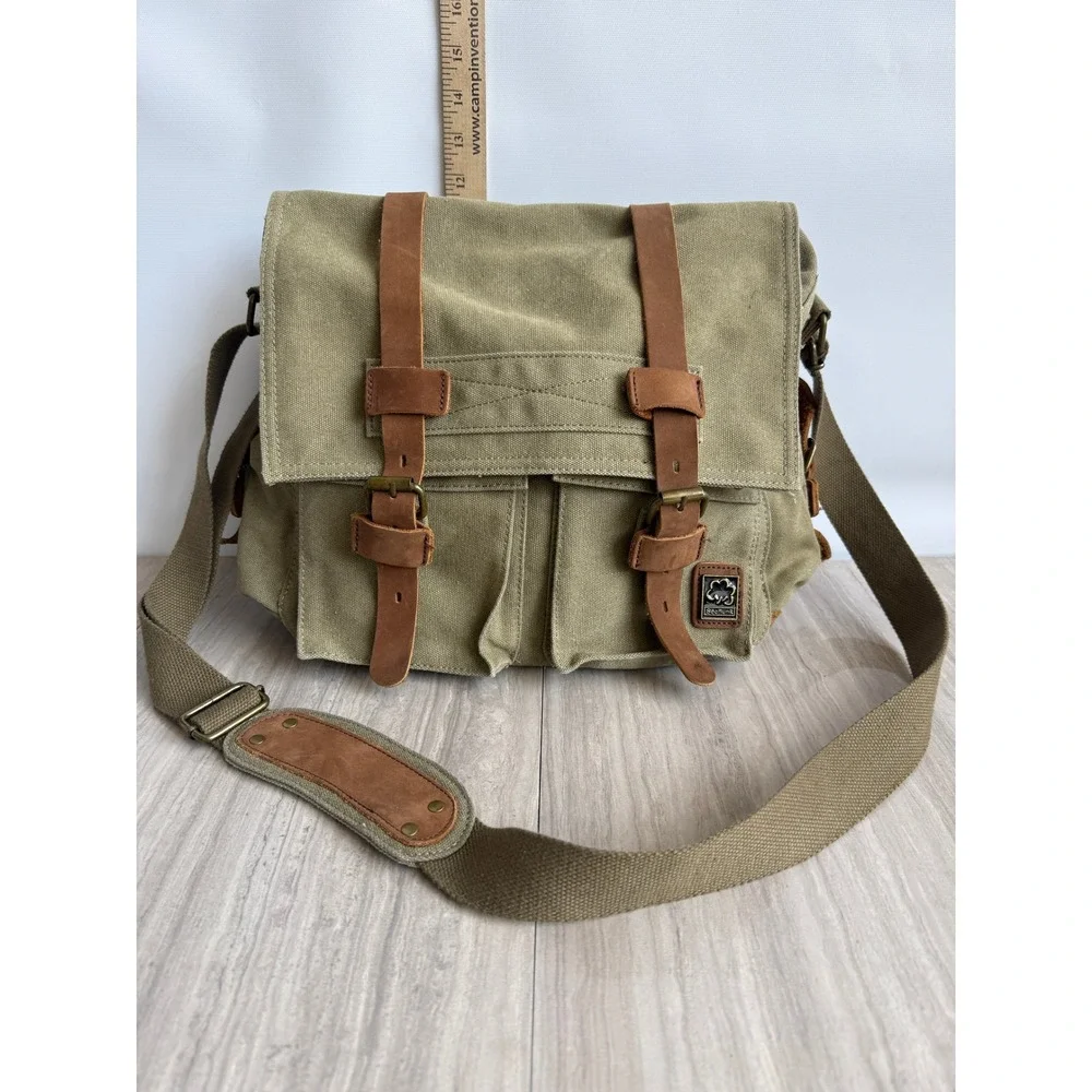 Sechunk Messenger Bag Olive Green Canvas Leather Trim Vintage Military Travel